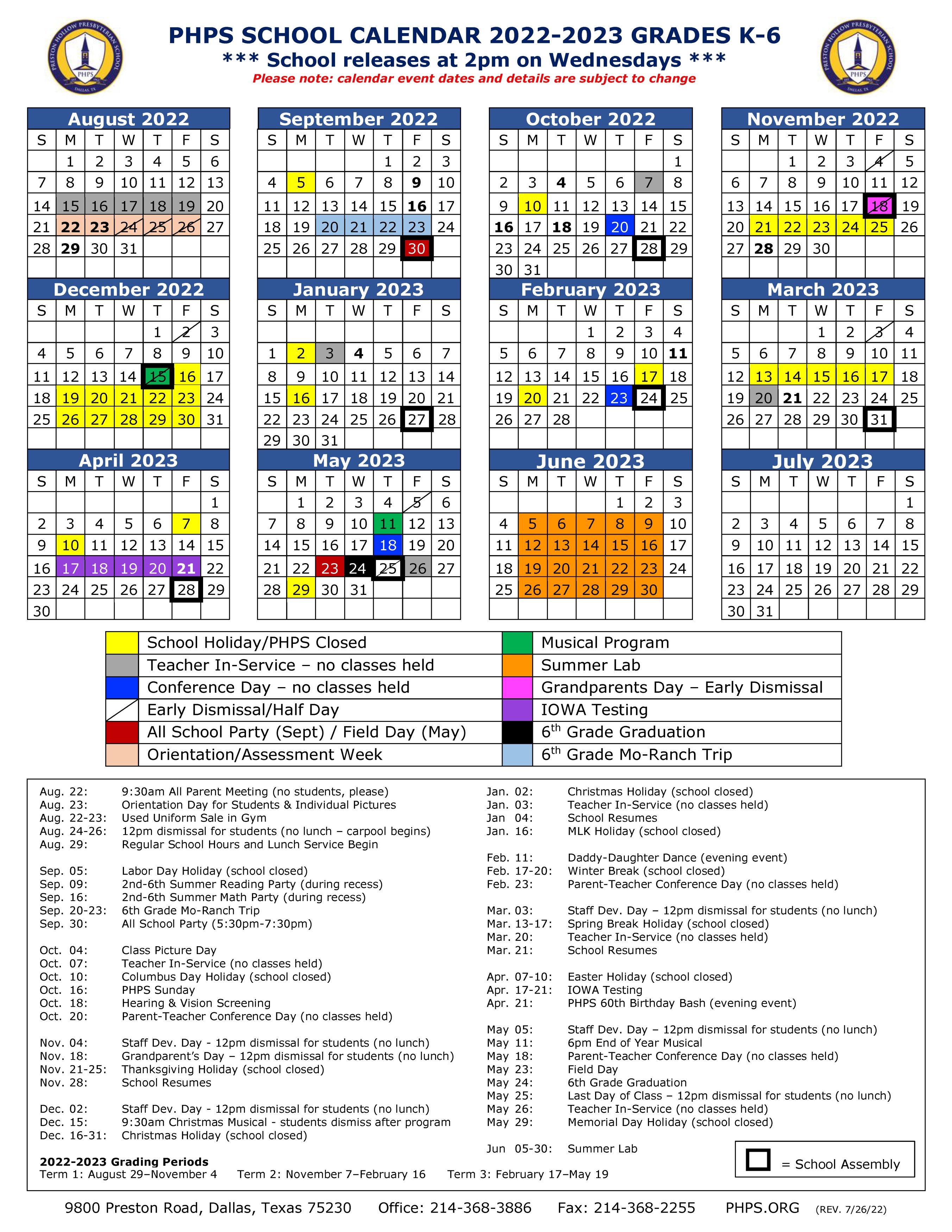 Calendars Preston Hollow Presbyterian School